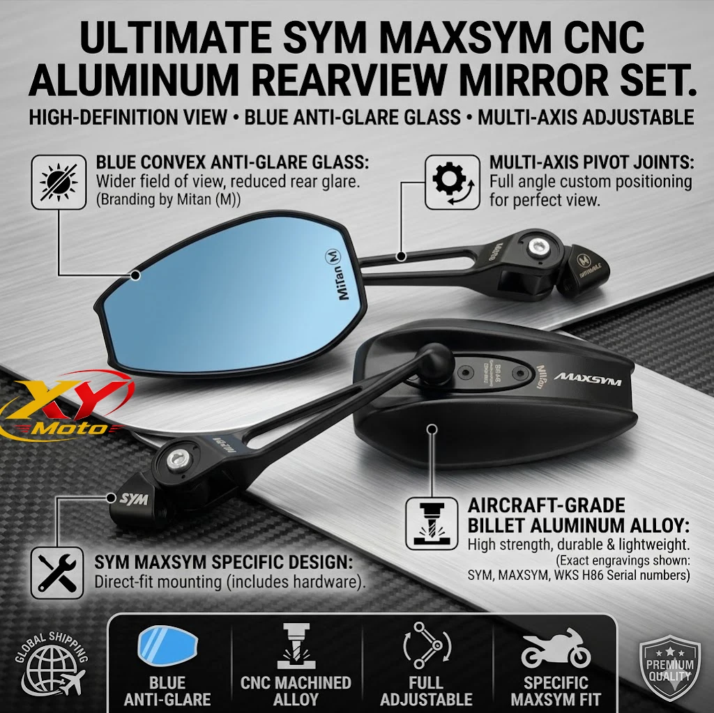 Universal All Metal Motorcycle Rearview Mirrors  Anti-glare Blue Glass Mirror For SYM MAXSYM TL 500 508 Maxsym TL500 TL508