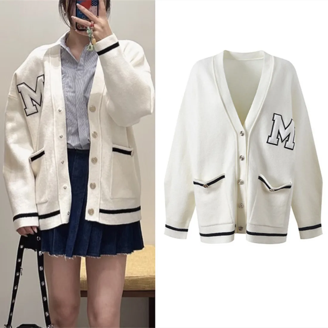 

High-End Version European Sle ort Knitted Cardigan Letter Embroidery White Top for Women V-Ne Svel Breathable