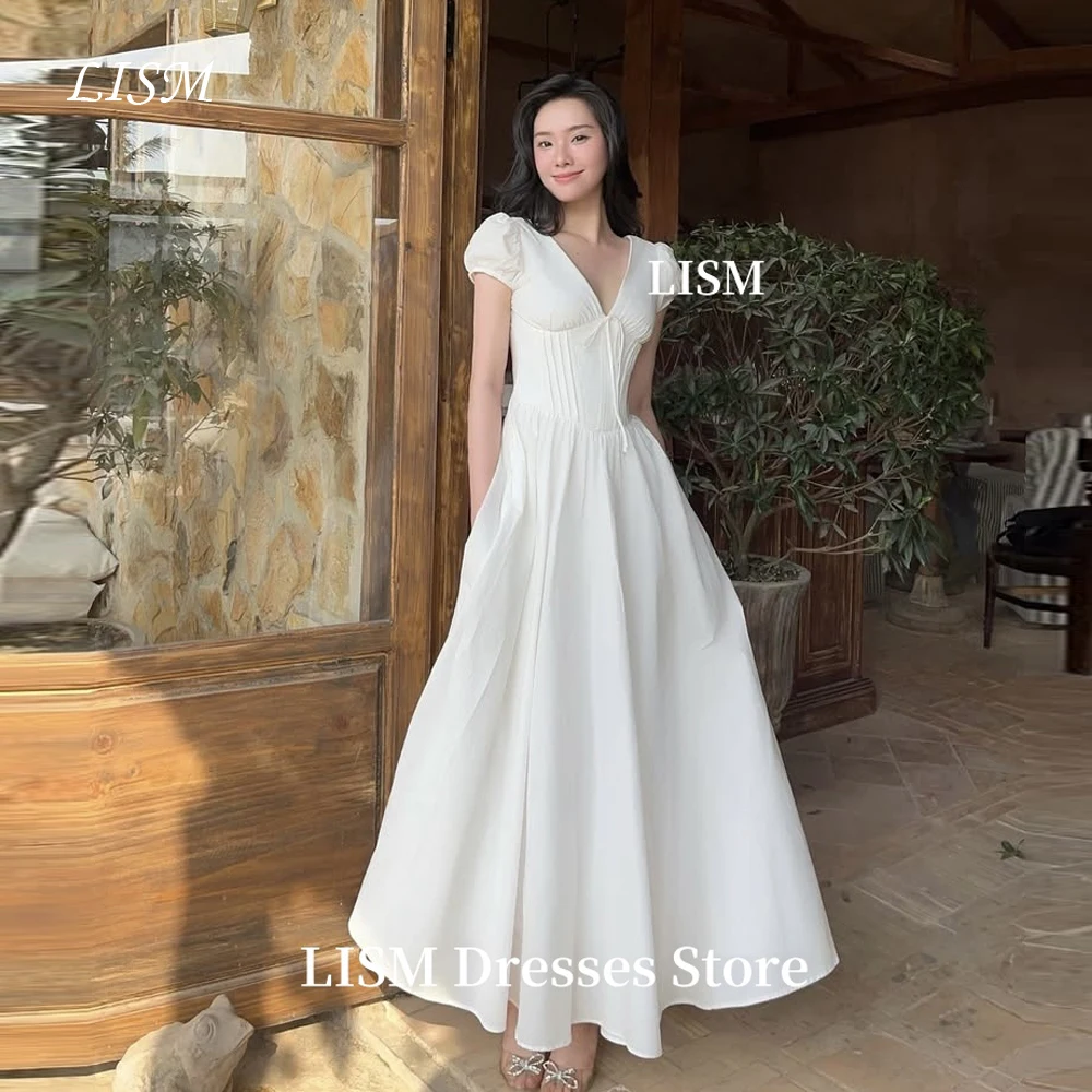 

LISM V-Neck Elegant Korea Wedding Party Dresses Short Sleeves Photo Shoot Cotton Long Prom Dresses 웨딩드레스Customized Corsets