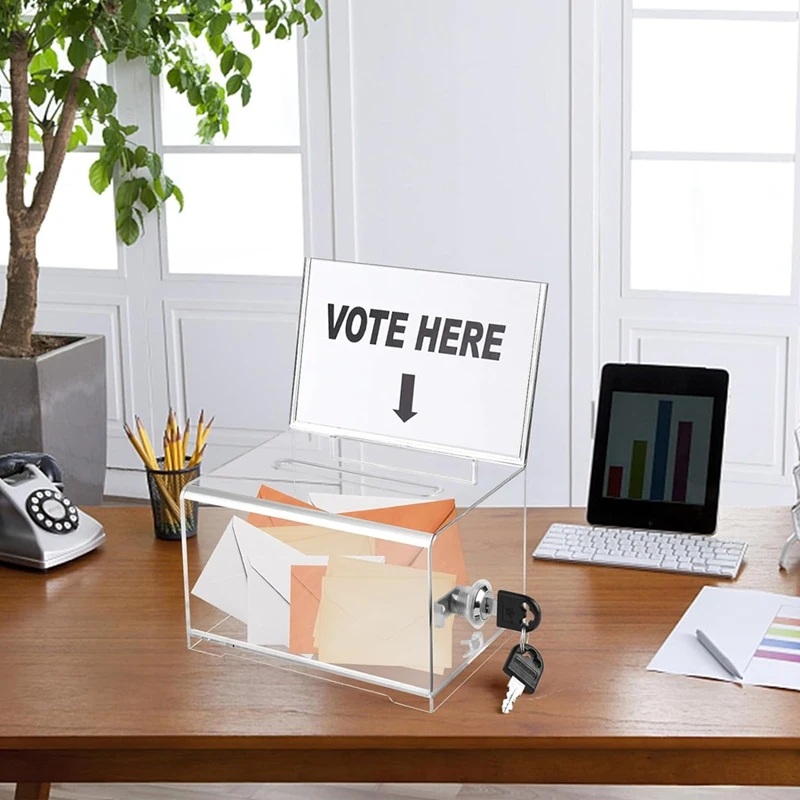 Caja transparente de donativos con cerradura, paquete de 2 urnas con soporte para letreros, caja de sumisión para recolección de fondos, caja de votación, nuevo