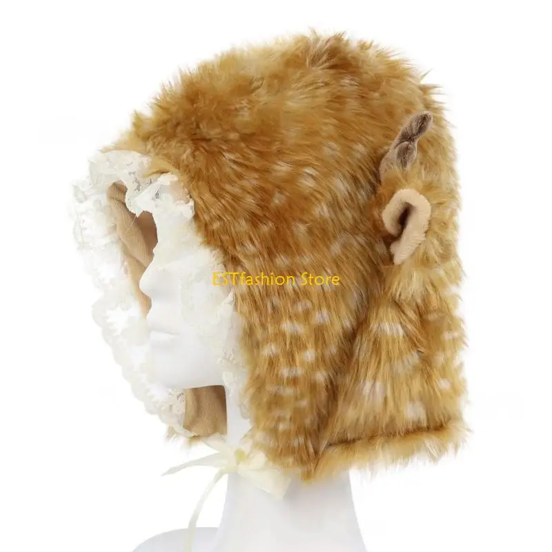 Y5GC Elk Spots Design Ear Flap Winter Hat Soft Acrylic Fibre Lace Trim Trapper Hat