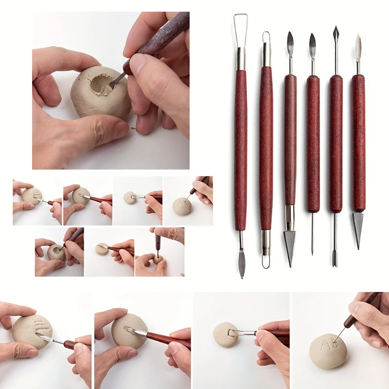 6 teile/satz Keramik Werkzeuge Rot Holz Doppelseitige Draht Messer Für Ton Reparatur, Ton Skulptur Carving Werkzeug Set Keramik werkzeuge