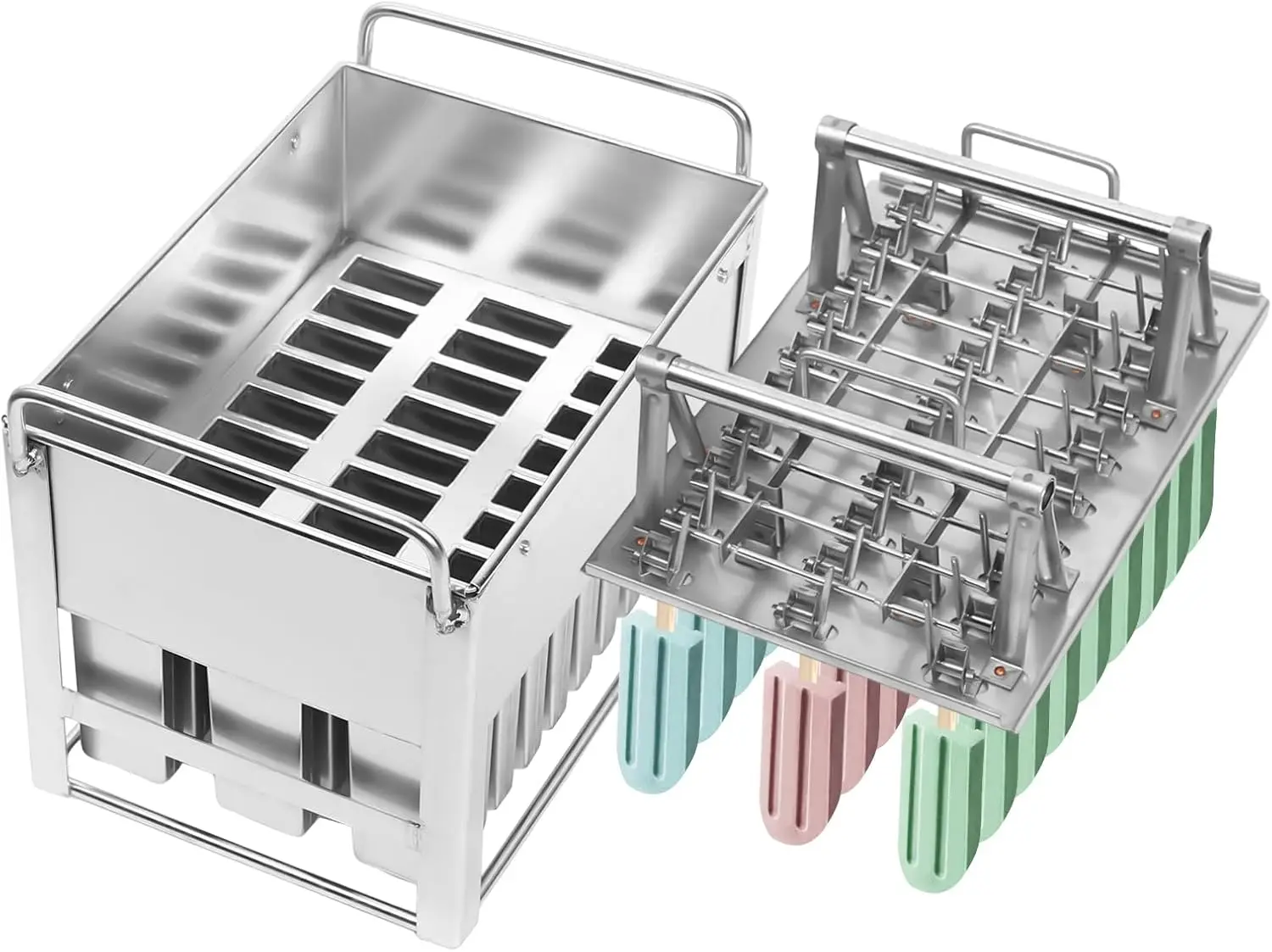 Commercial Ice Pop Molds, 30PCS Industrial Stainless Steel Ice Lolly Molds, Flat Head Fat Plate, Metal Ice Cream Mold with Lid,