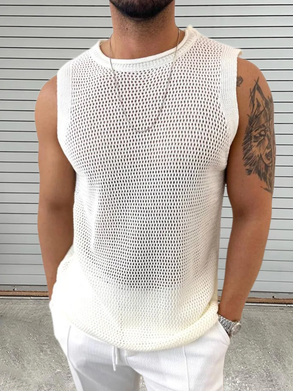 European American Men's Knitted Tank Tops Summer Casual Fashion Simple Round Neck Knitting Hollowed Out Pullover Vest