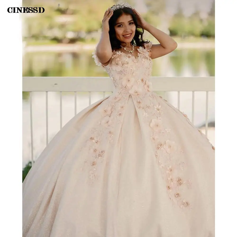 الوردي Quinceanera فساتين مكشوفة الكتفين للفتيات ، يزين الزهور 3D ، لمعان ، فساتين حفلة الكرة الفاخرة ، الأميرة 15