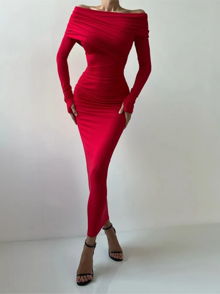 

Retro Red Sexy High-waisted Dress Women's Autumn Elegant One-shoulder Long-sleeved Temperament Waist-wrapped Hip Slim Long Skirt