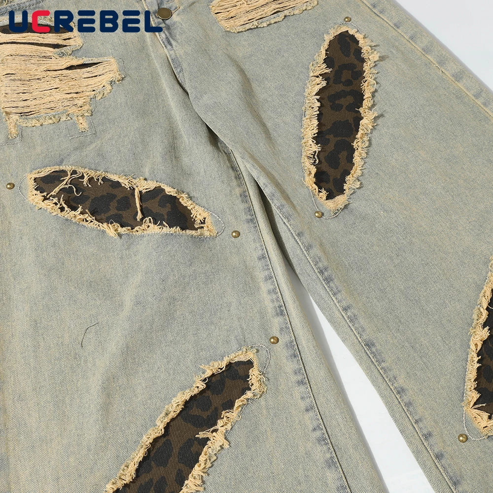 Leopard Print Patch Jeans Mens with Rivets Hip Hop High Street Washed Distressed Baggy Wide Leg Raw Edge Spliced Denim Pants Men