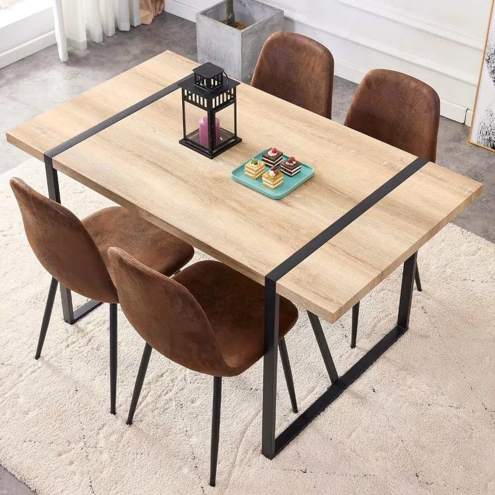 5 Piece Dining Room Table Set，for 4 People,55 Inch Kitchen Dining Table With Wood Tabletop And Metal Frame & 4 Fabric Chairs Set