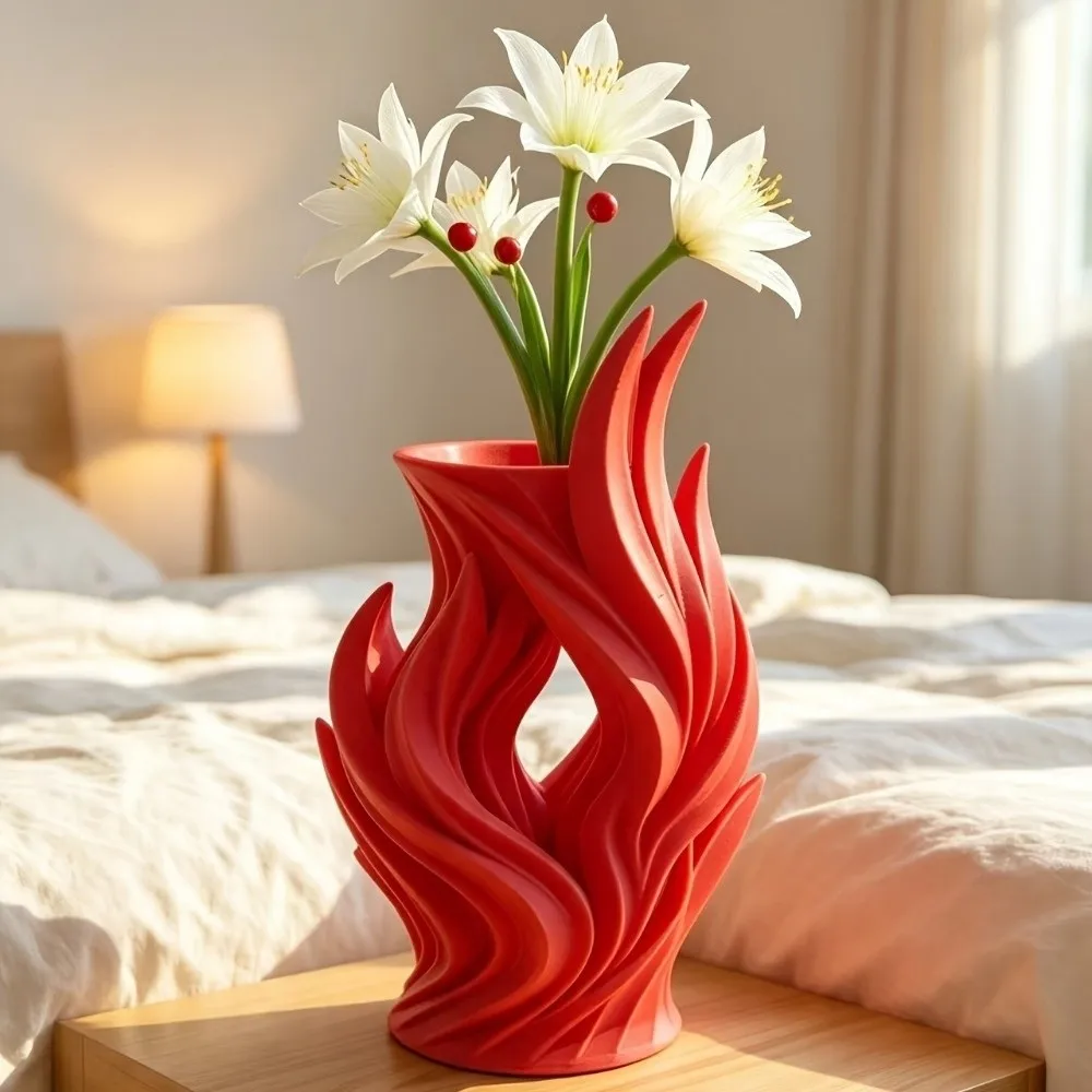 Flower Holder 3D Printed Irregular Vase Hollow Out Minimalist Artistic Flame Vase Twisted Wave Flower Container Living Room