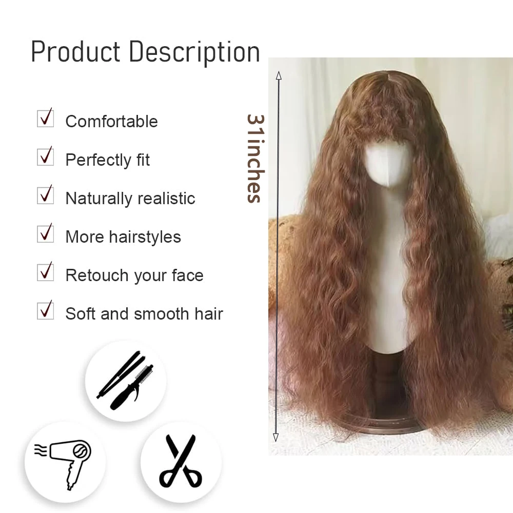 شعر صناعي مجعد صغير مموج 80 سم مع غرة، رقيق بشكل طبيعي، مناسب للحفلات اليومية للنساء، شعر مستعار لوليتا