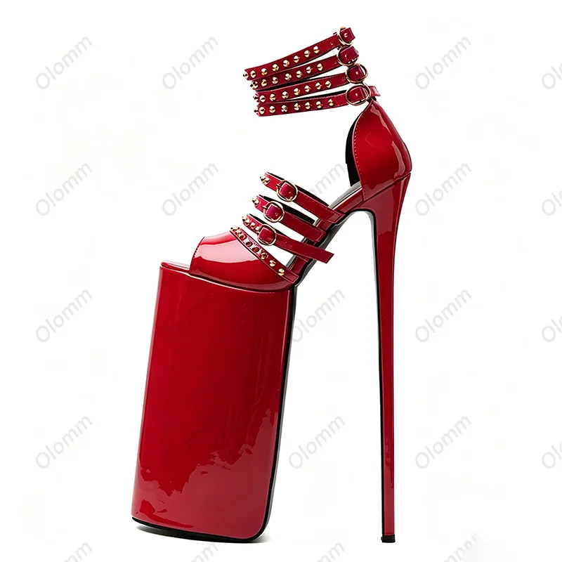 OLOMM Women Patent Leather Ultra High Platform Stiletto Sandals, Multi Rivet Buckle Ankle Straps Open Toe Super High Heels, Club