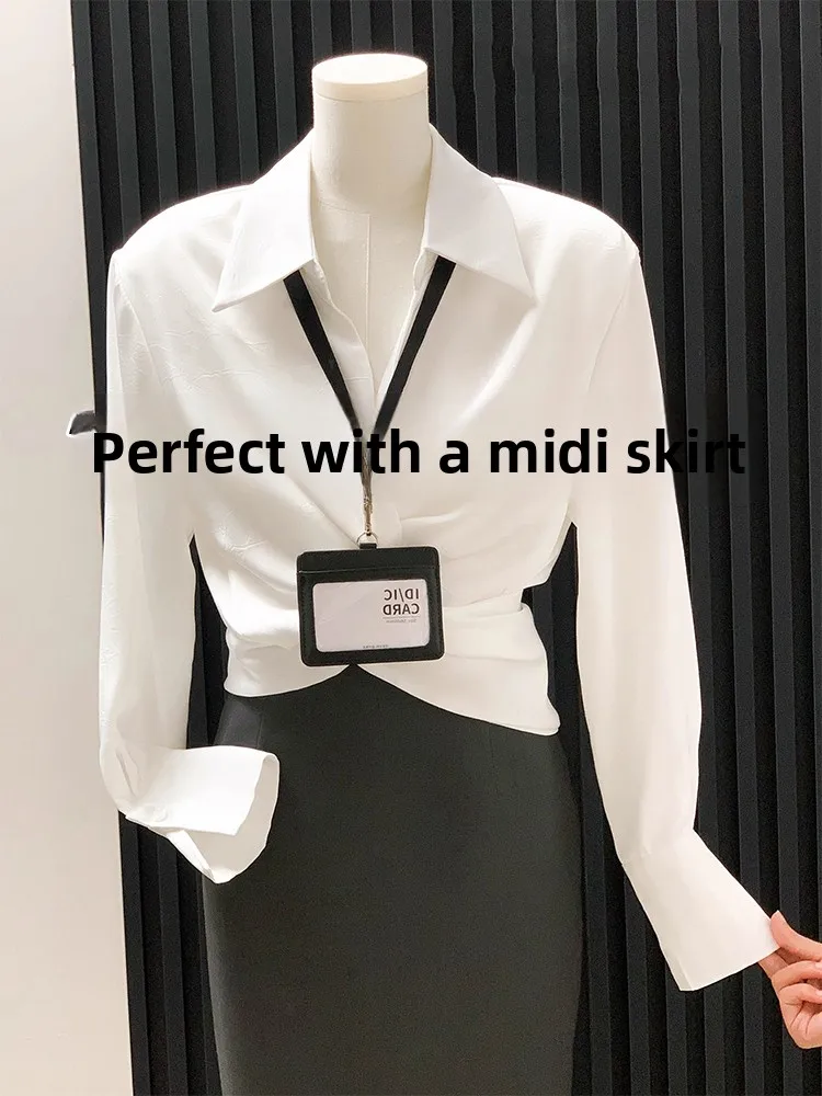 

Women's Shirt Bow Tie Waist Cinched White Button up Office Professional Commute Top Spring Autumn Winter Basic Layering