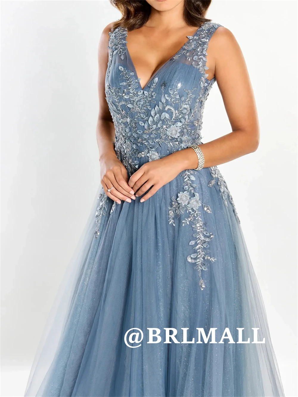 BRLMALL 스파클 Tulle 웨딩 파티 드레스 여성용 긴 a 라인 탱크 슬리브 Prm 드레스 저녁 공식 행사 가운