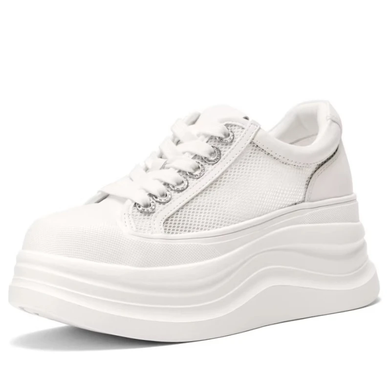 Mesh White Shoes Women's Genuine Leather Breathable Sports Casual Shoes Spring/Summer Ultra Light Sole Height Increasing Shoes