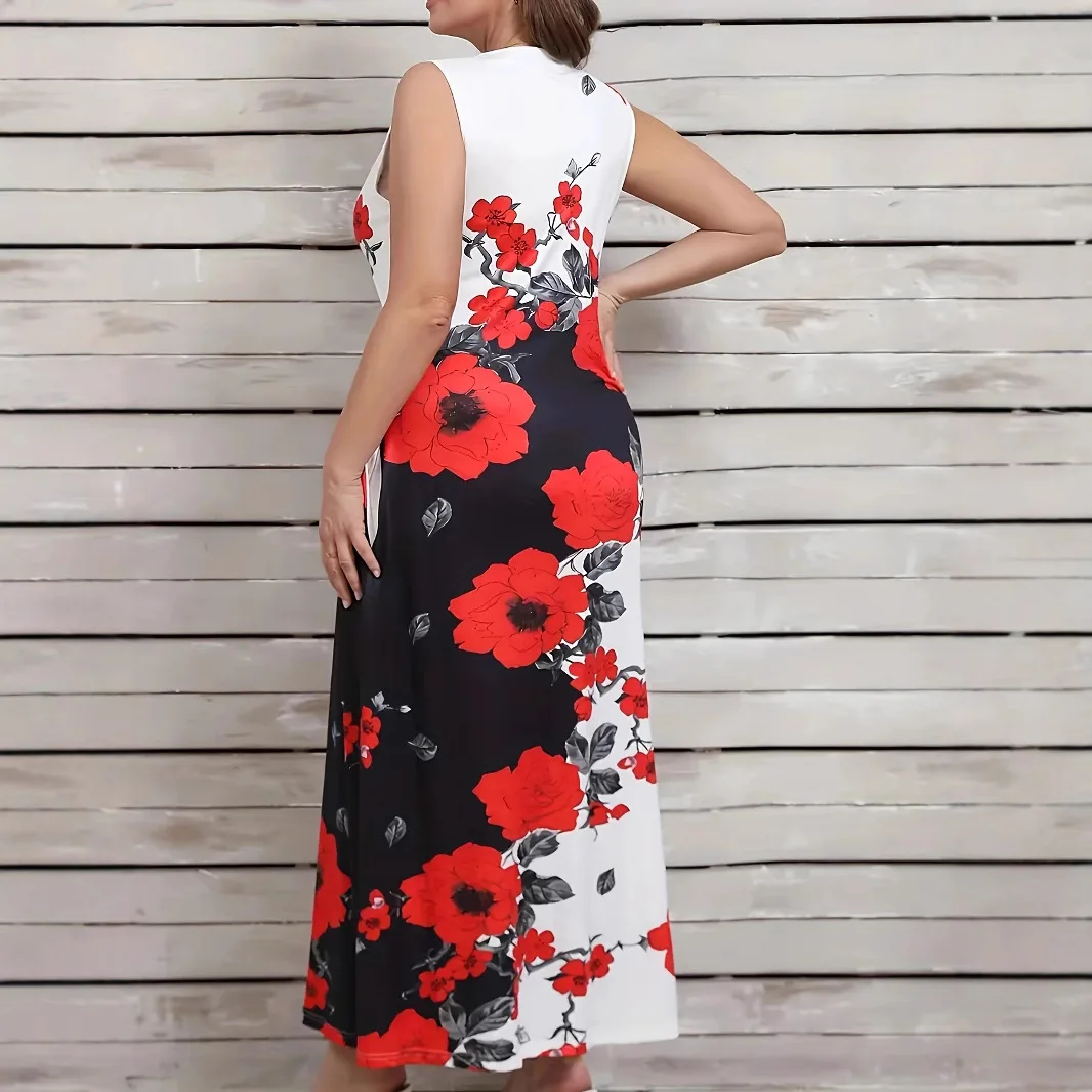 Großes, neues Sommerkleid mit Rosenmuster, ärmellos, langer Rock, Rundhalsausschnitt und ausgehöhlten Designtaschen, locker und figurschmeichelnd. – Detail 3