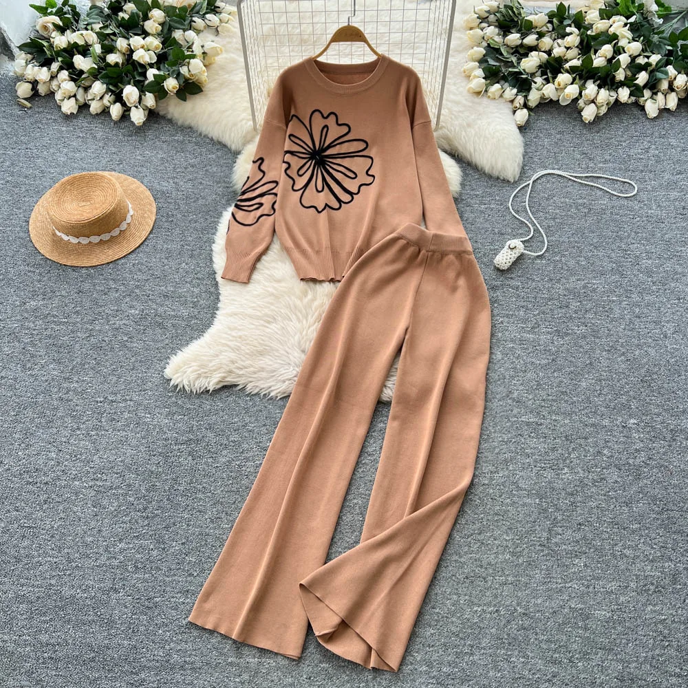 

Women Pant Set Two Piece Sets Round Neck Full Sleeve Knit Tops Wide Leg Long Pants Elastic Waist Y2k Streetwear Autumn Winter