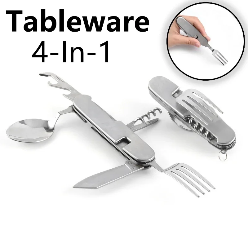 Cucchiaio pieghevole Coltello Forchetta Bottiglia Cucchiaino Set 4 in 1 Apribottiglie Kit tascabili pieghevoli in acciaio inossidabile Utensile da campeggio esterno