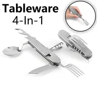 Foldable Spoon Knife Fork Bottle Tablespoon Set 4 in 1 Bottle Opener Stainless Steel Folding Pocket Kits Outdoor Camping Utensil