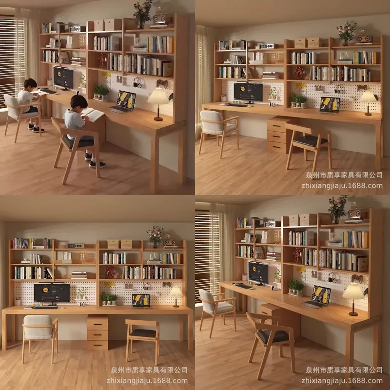 For All Solid Wood Double Desk Bookshelf Integrated Bookcase Bedroom Computer Table Children Learning Writing Long Workbench