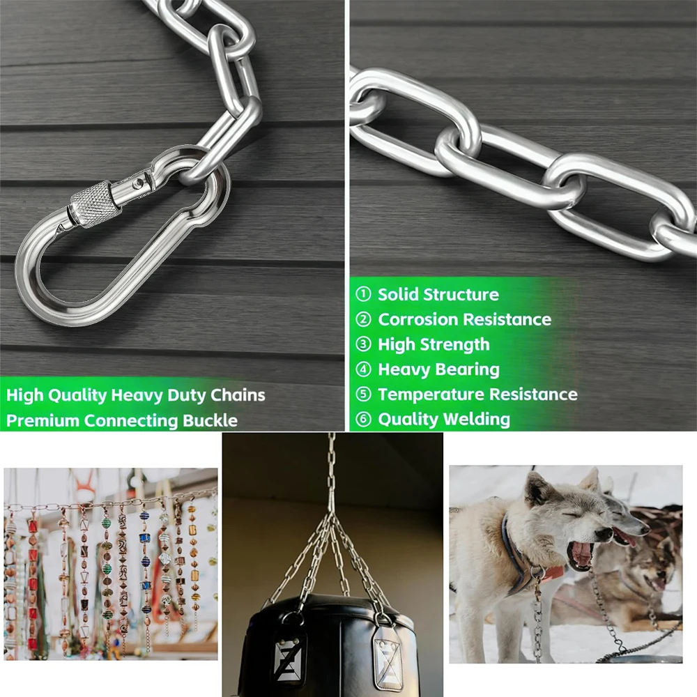 304 Stainless Steel Chain with Locking Quick Buckle 2.5-6mm 1-5M Heavy Duty for Camping Swing Punching Bag Hammock Clothesline
