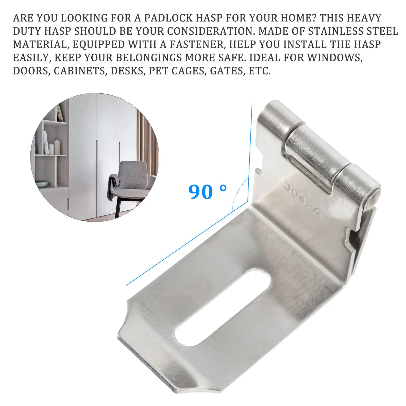 2Pcs Heavy Duty Stainless Steel Hasp Lock 90 Degrees Latch for Doors Cabinets Windows Gates Pet Cages Desks Safety Padlock