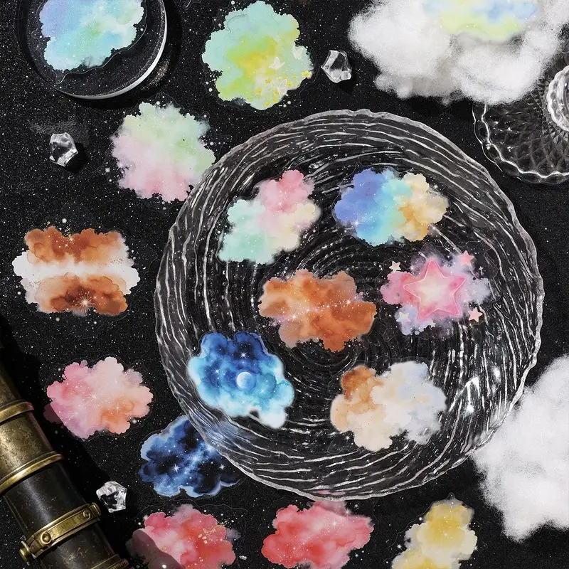 1pack/20Pcs Watercolor Smudge Cloud Sticker Pack, Gentle Ink‑Wash Cloud Pattern Decor Decals for Diary Art Craft Supplies