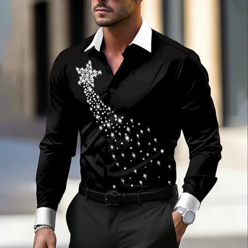 

New Men's Long Sleeve Shirt Biscuit Casual Fashion 3D Star Printed Shirt Men's Lapel Shirt Long Sleeve Top Shirt