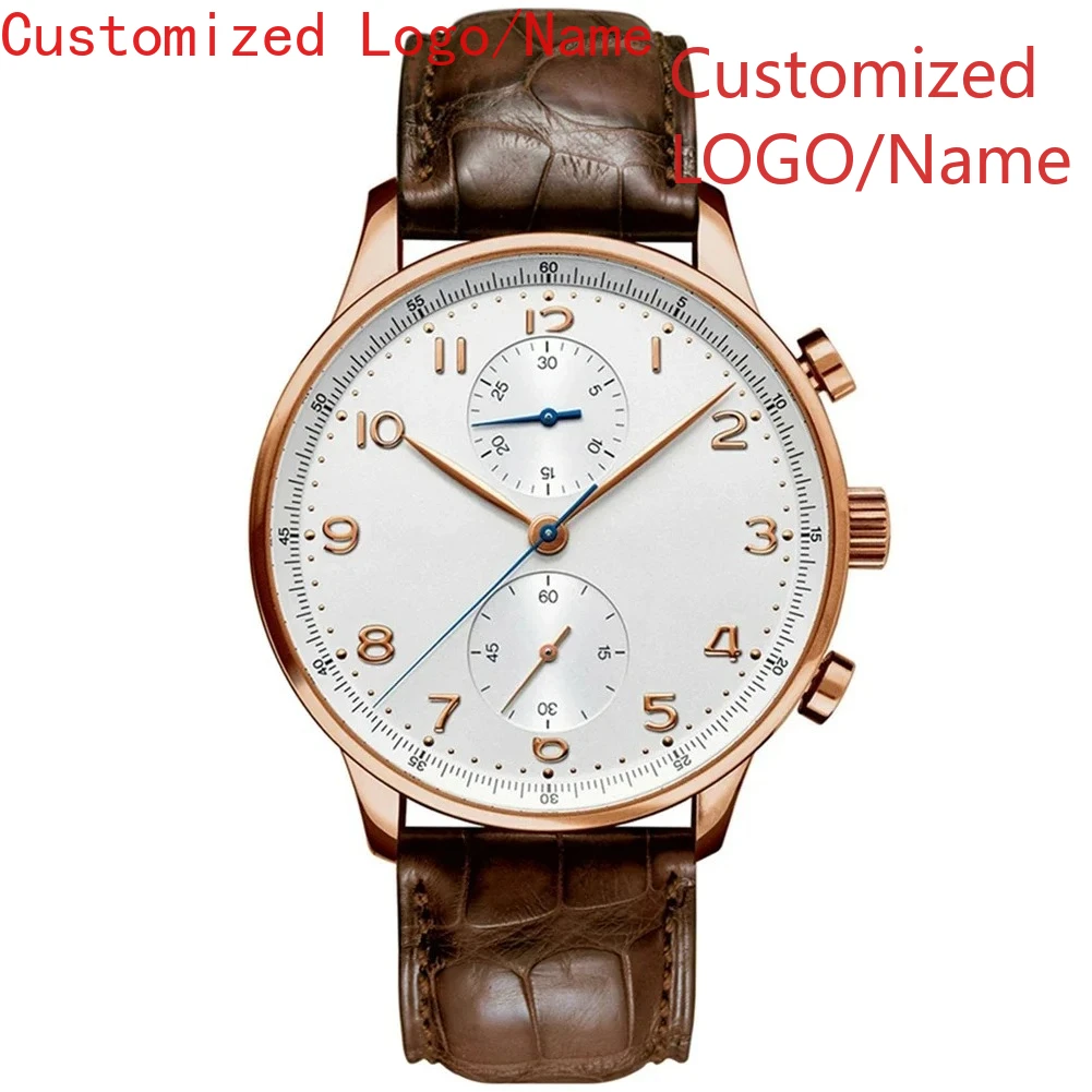 高級自動機械式時計メンズ腕時計ステンレススチールポルトガルローズゴールドブラックブルーレザーホワイトダイヤル
