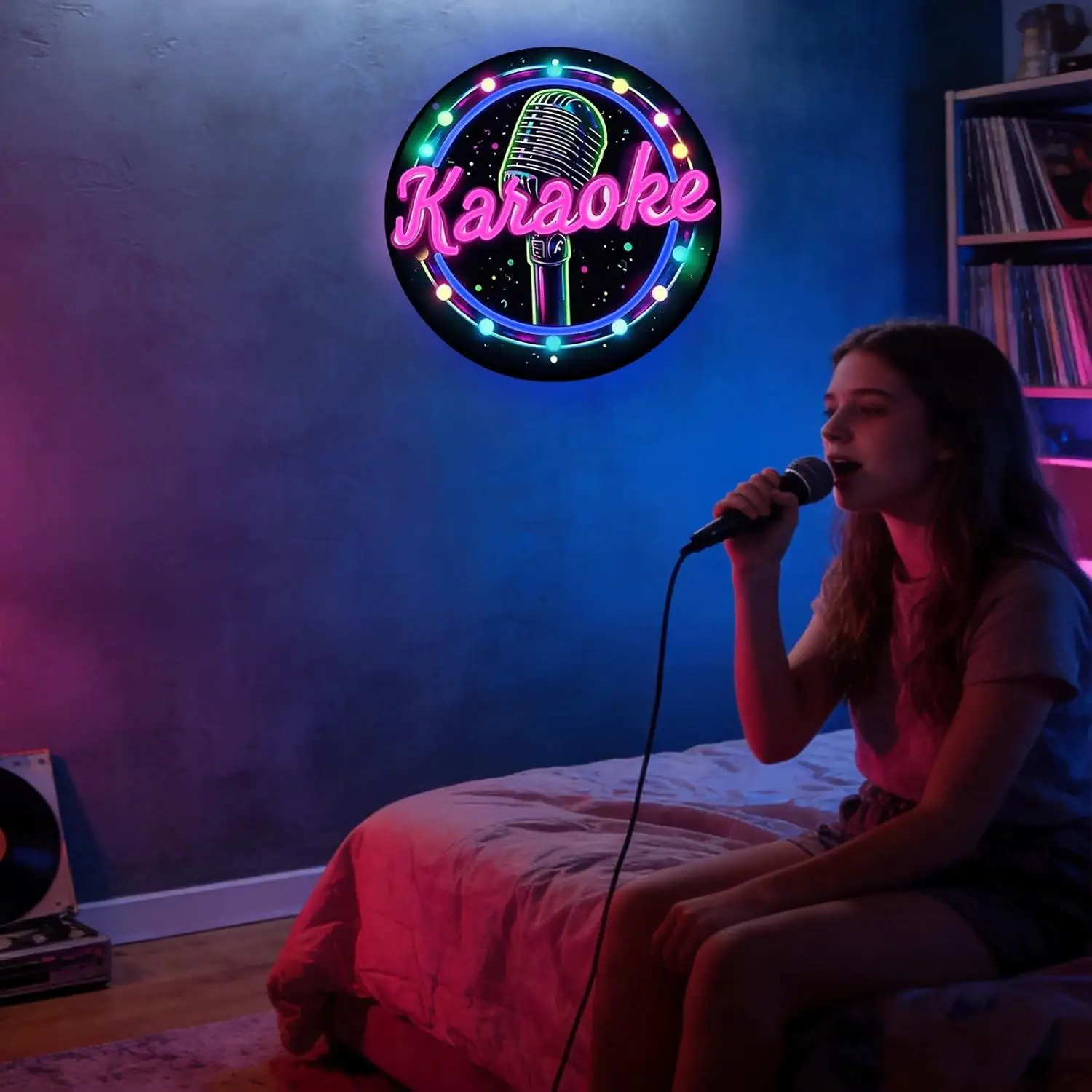 Karaoke Microphone Neon Sign USB Dimmable LED Light for Bar KTV Music Studio Man Cave Dance Parties Wall Decor Night Light Gifts