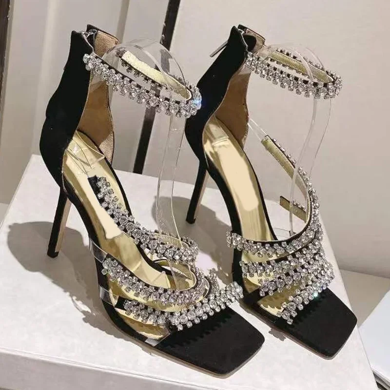 

Сандалии на каблуке с кристаллами и одним словом, босоножки на тонком каблуке с квадратным носком и молнией, размер 35–40, новые поступления, модная женская обувь