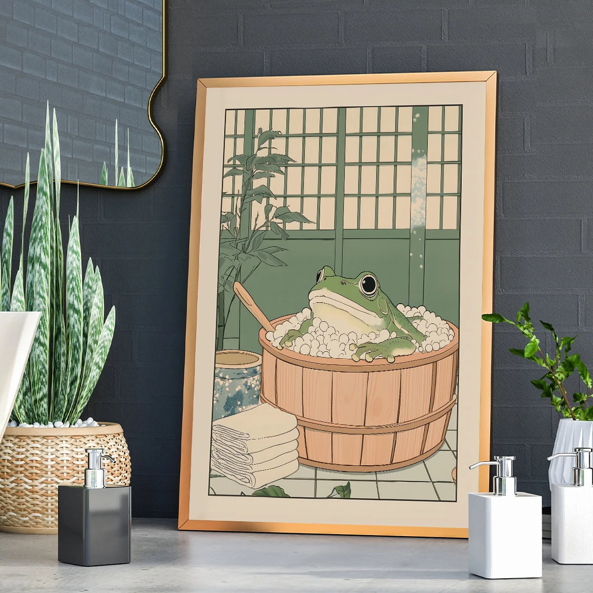 Japanischer Frosch in einer Badewanne, Druckposter, Vintage-Stil, niedliches lustiges Tier-Leinwandgemälde, Badezimmer, Heimdekoration, Poster, Geschenke, ungerahmt