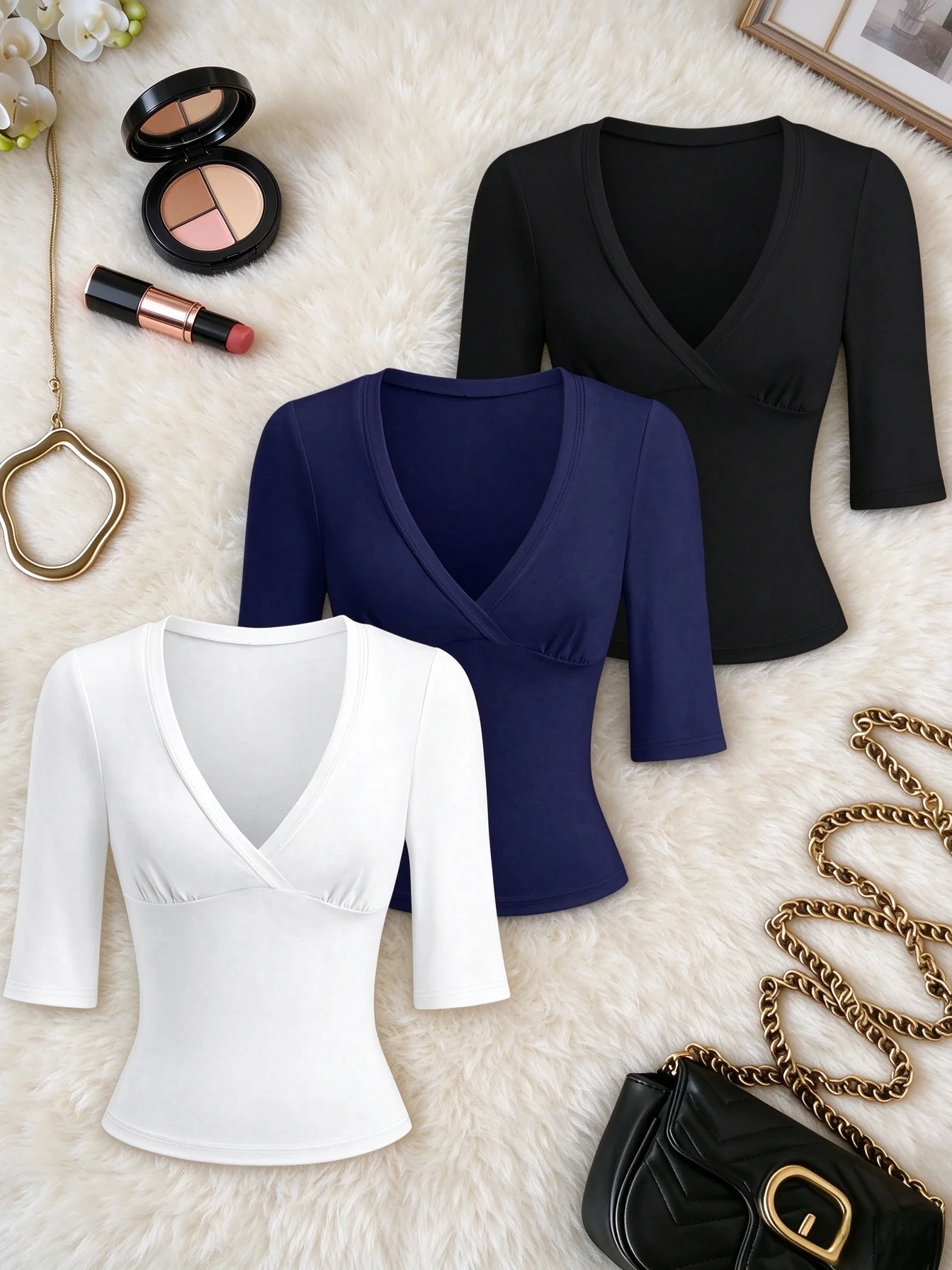 Elegant Wrap V Neck Half Sleeve Crop Top Women Slim Fitted Blouse 3Pcs Set For Daily Casual Office Wear