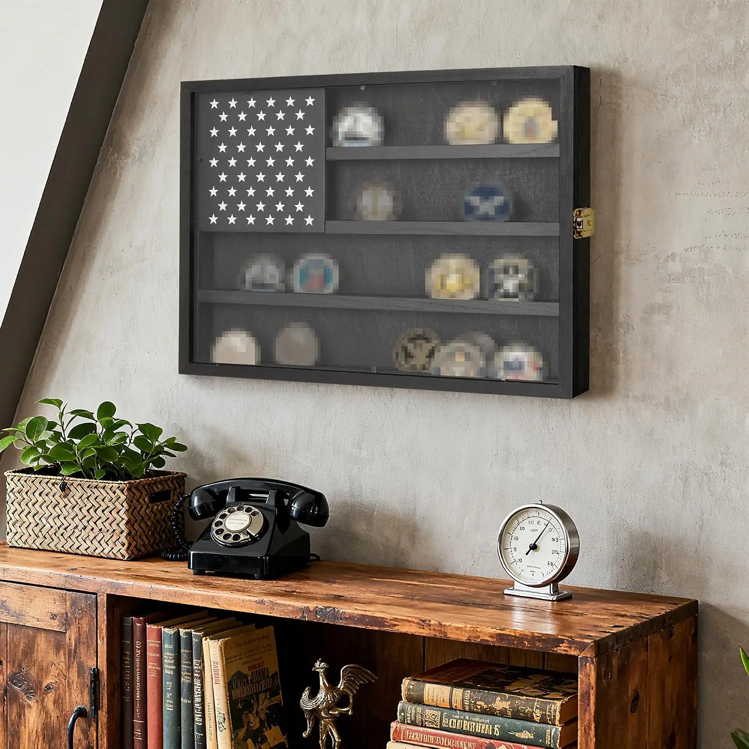 4-Row Wooden Shadow Box Lockable Challenge Coin Display Frame Shatter-Resistant UHD Acrylic Door Double-Groove Shelves Wall Mount or Tabletop