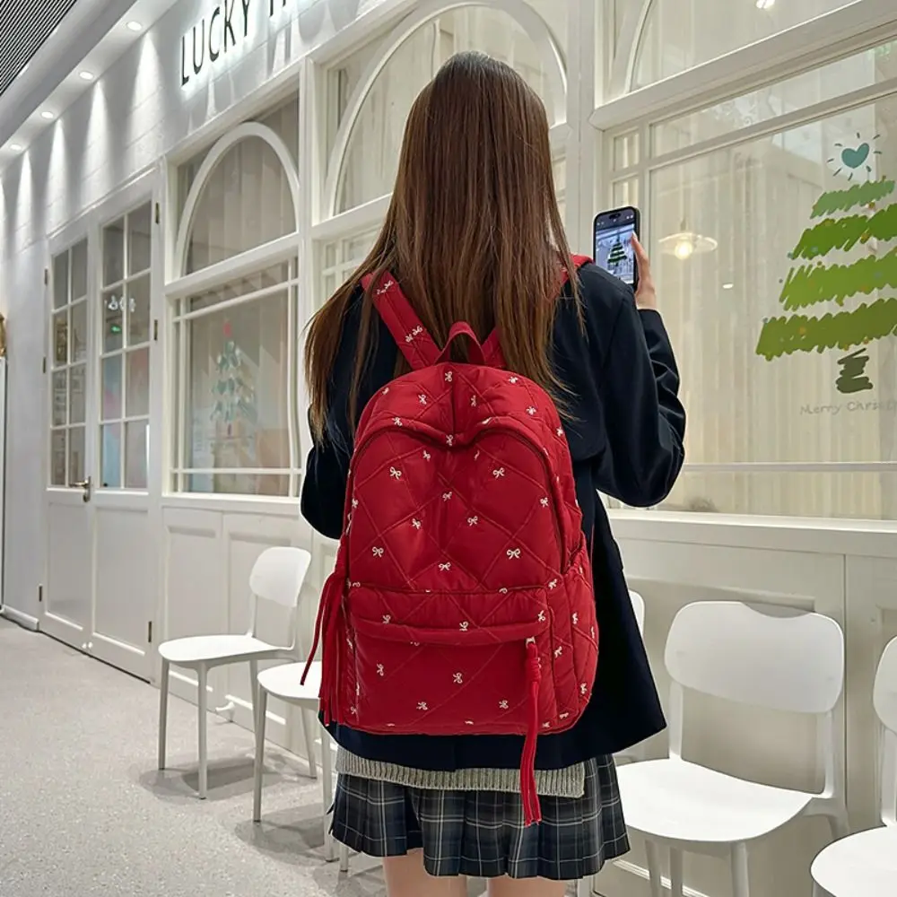 

Preppy Style Embroidered Bow Backpack Embroidery Bownot Nylon Backpack Lightweight Polyester Students School Bag Women