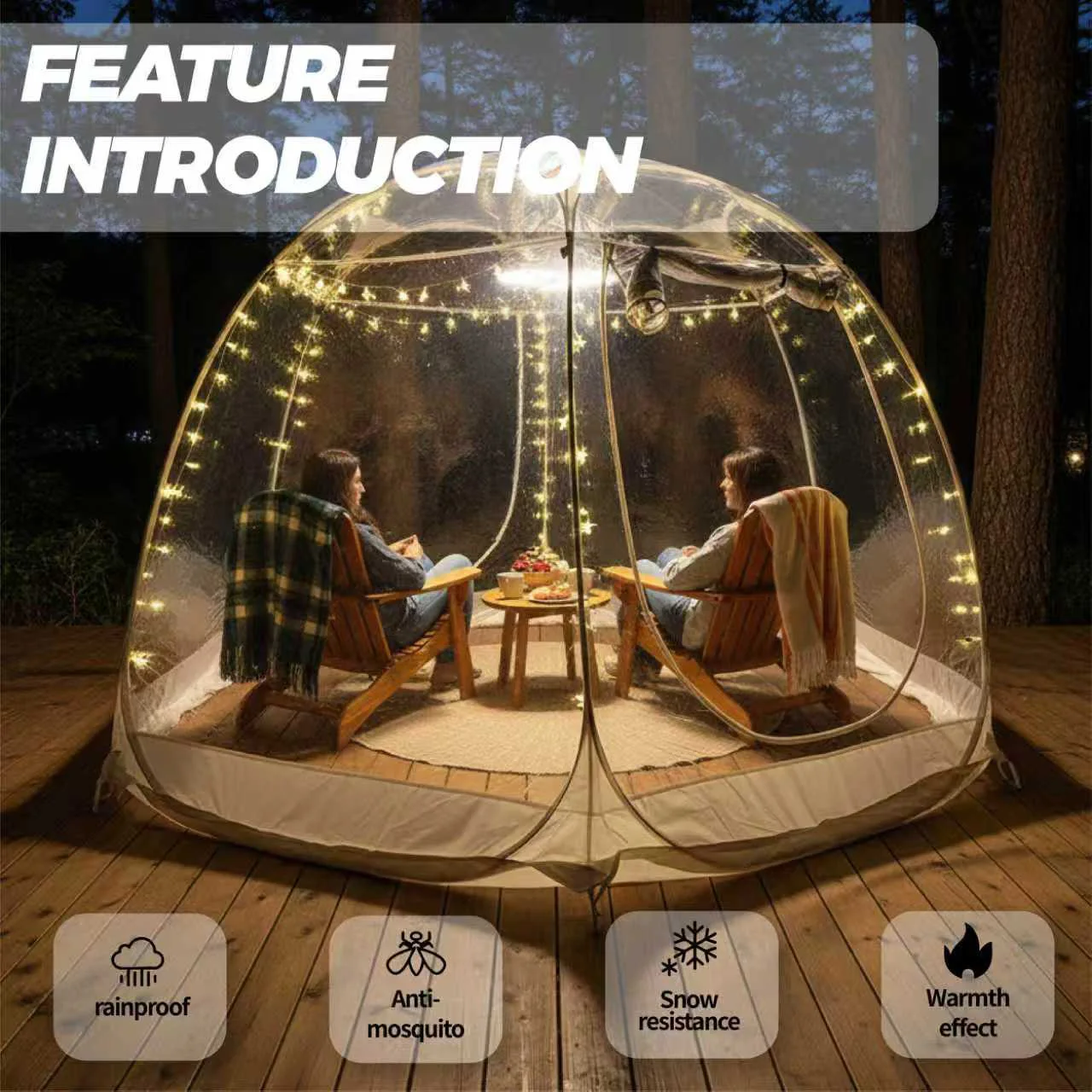 

Quick-Set Bubble Tent Camping Pod Windproof Cold-Resistant PVC Outdoor Shelter with String Lights for Nighttime Ambiance