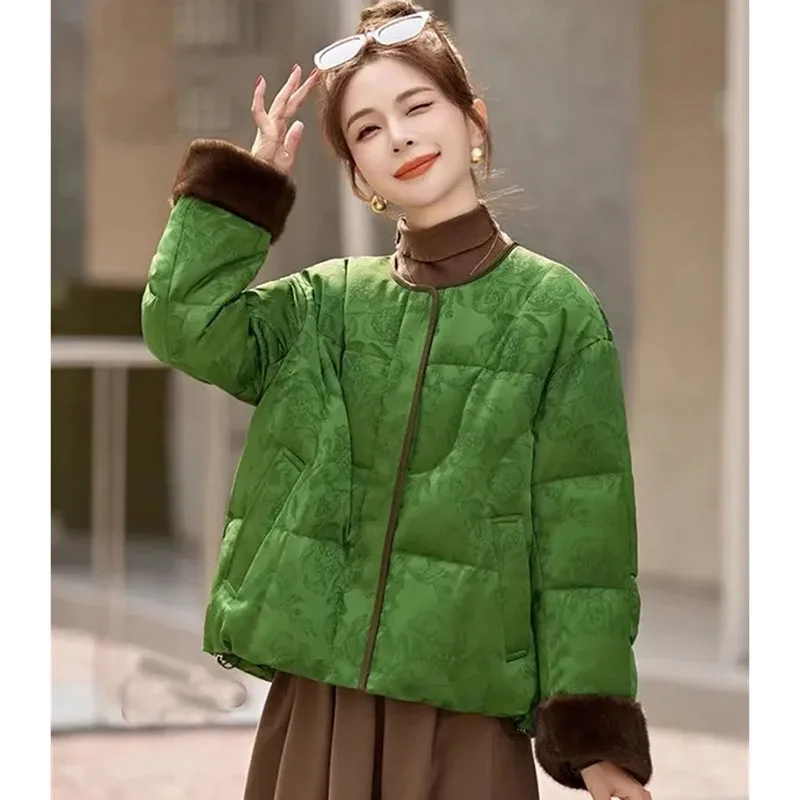 

2025 Female Fashion Down Cotton Jacket Autumn Winter Women Round Neck Parkas Outwear Korean Lady Long Sleeves Cotton Padded Coat
