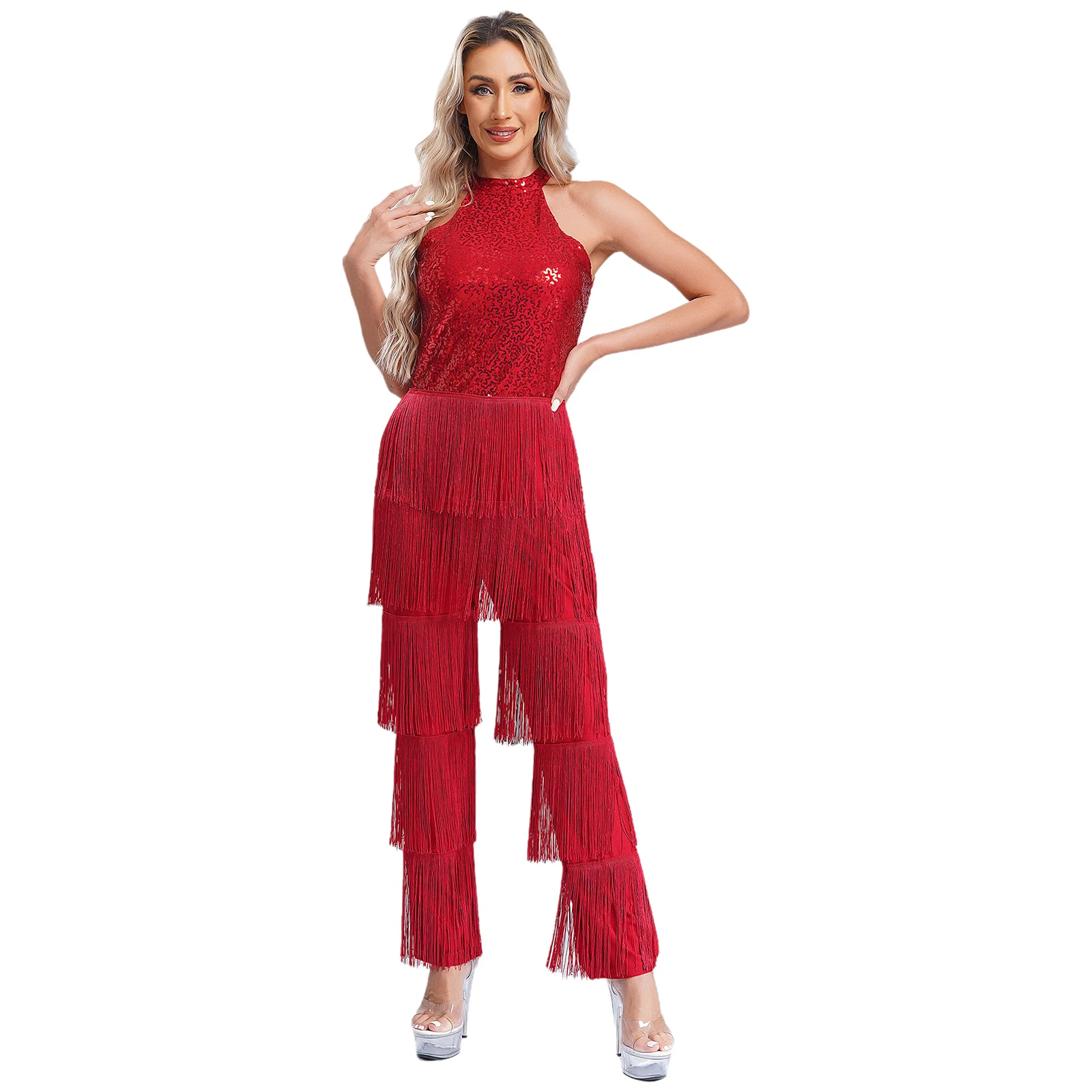 สตรีเซ็กซี่Sequinsฉัตรพู่Rompers HalterแขนกุดBackless Jumpsuit Clubwearบอดี้สูทCha-Cha Latin Jazz Danceเครื่องแต่งกาย