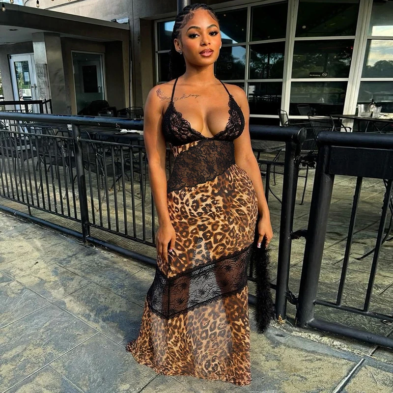 ชุดเดรสทรงเมอร์เมดผ้าตาข่ายลายปะติดลายเสือดาวสำหรับผู้หญิง ดีไซน์เซ็กซี่ คอวีลึก โชว์หลัง ผ้ารูด แต่งระบาย แฟชั่นกลางคืน ทรงเข้ารูปยาว
