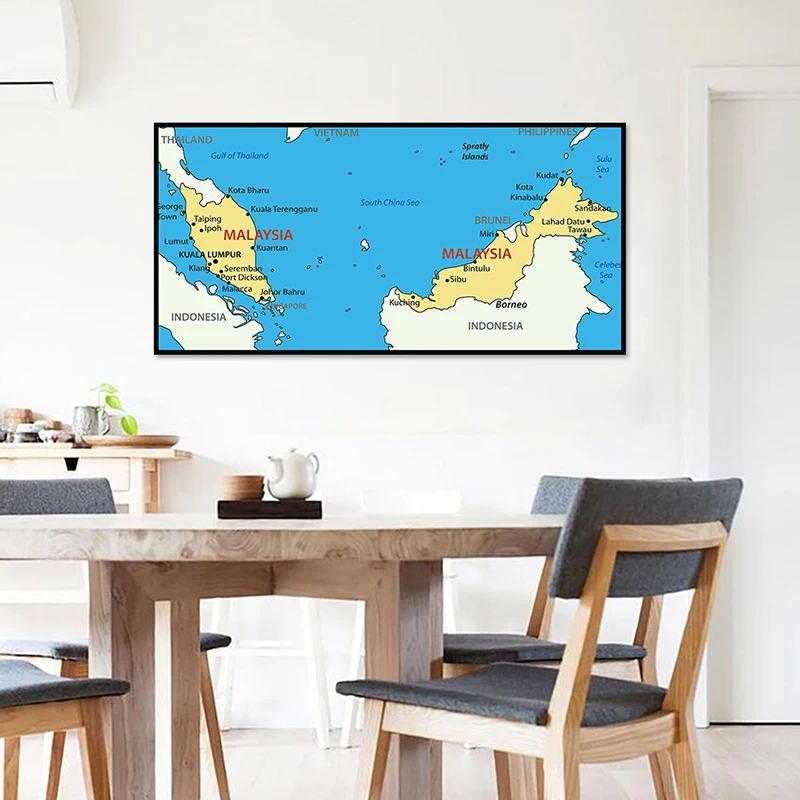 120x60cm, mapa de la Administración de Malasia, lienzo no tejido, pintura de pared, póster decorativo e impresión, decoración del hogar, suministros escolares