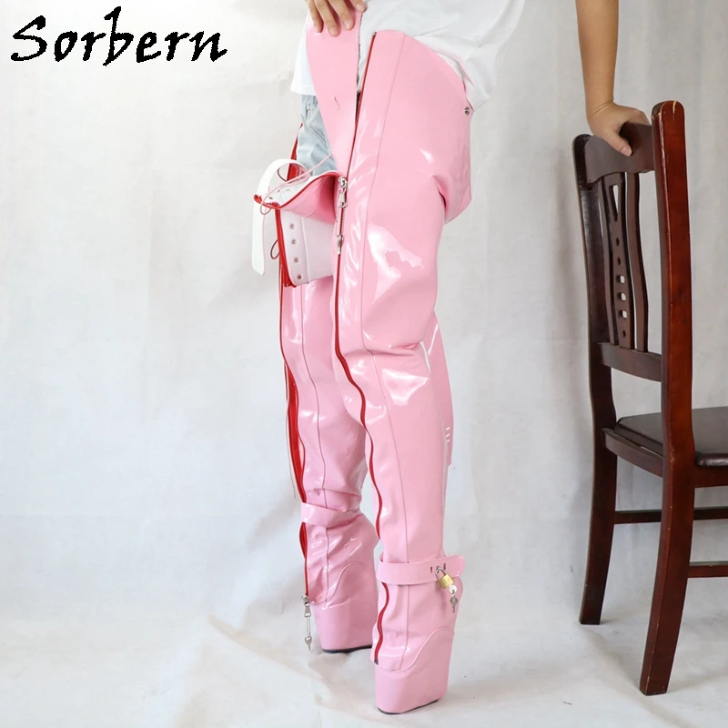 Sorbern Crotch Thigh High Boots Women Ballet High Heel Lockable Zipper Lace Up Buckles Custom Fetish Shoes BDSM Boot