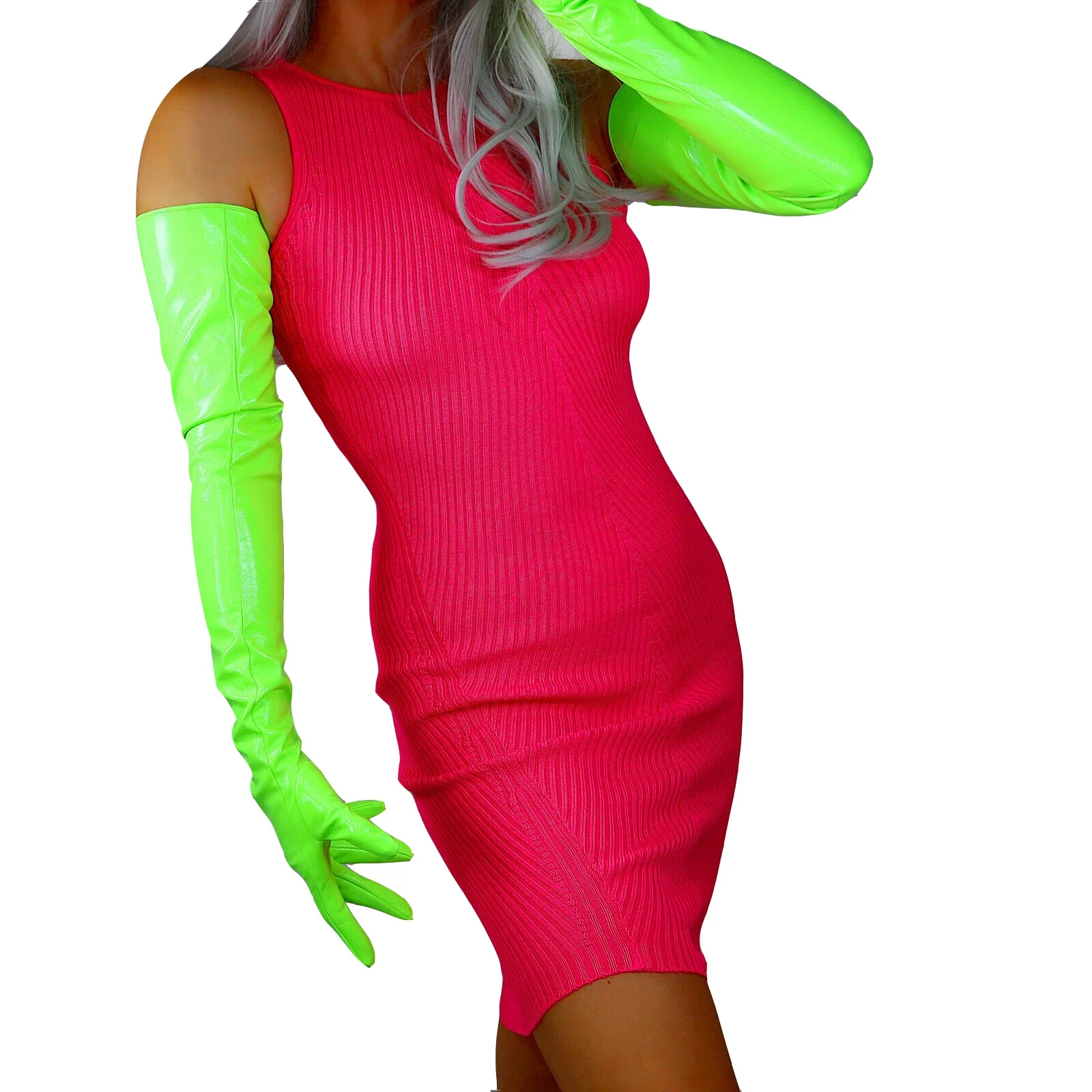 

DooWay Women's Fluorescent Green Leather GLOVES 70cm Long Shine Bright Faux Patent Latex Christmas Dressing Party Costume Glove