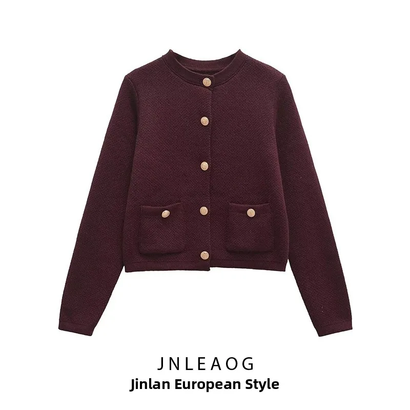 

JNLEAOG New Women's Faion Knitted Jaet Gold Button Casual Sle Pure Cotton Polyester Fiber Long Sve ort Length