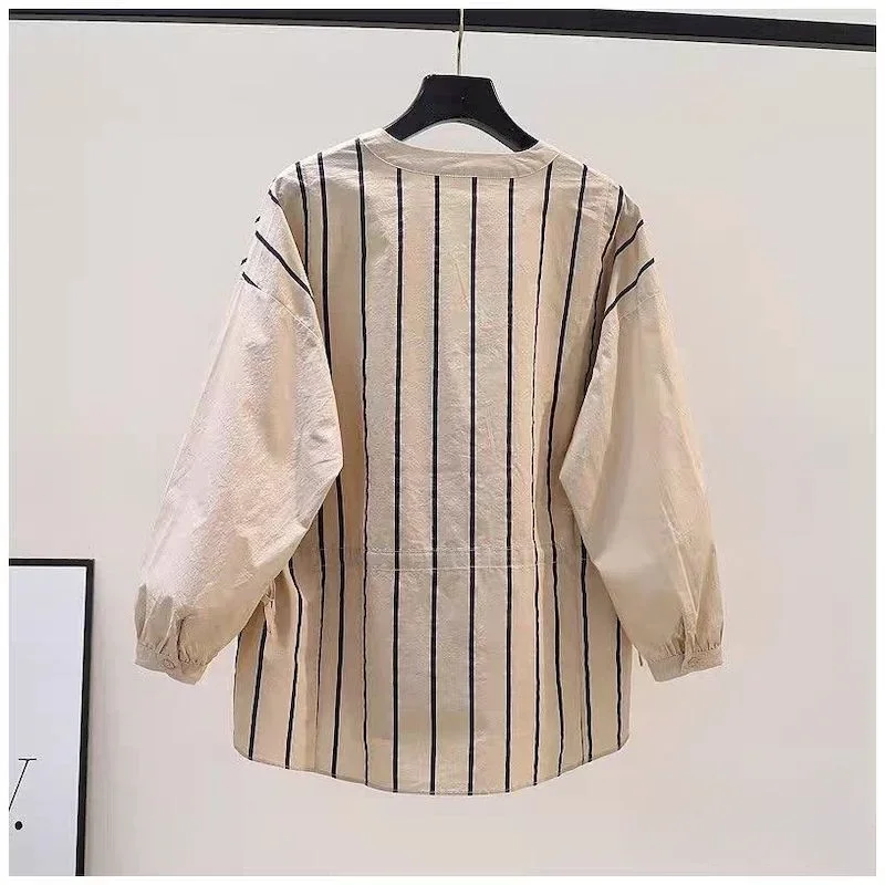 95% Cotton Shirts Women Fashion Stripe Design Khaki Blouses Drawstring Waist Loose Long Sleeve Shirt Spring Summer Literary Tops