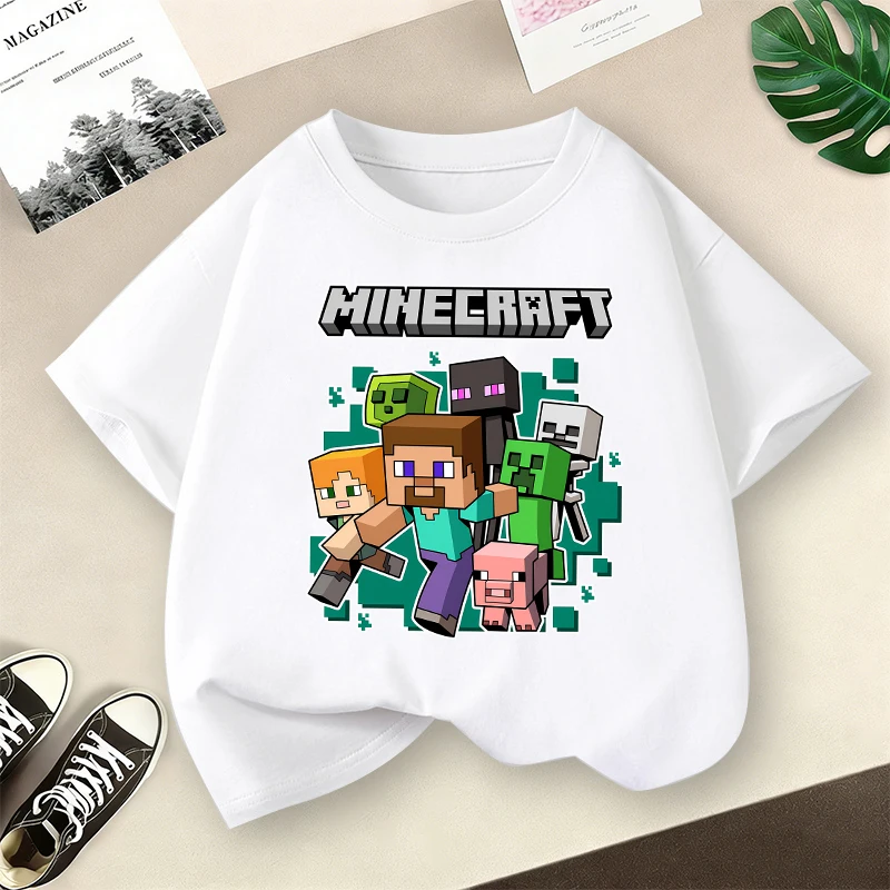 

Miner Crafted Children Short Sleeve T Shirt Gaming Character Print Cotton Top Boys Girls Summer Casual Crew Neck Tees Kids Gifts
