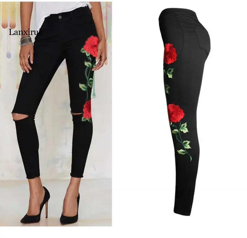 Pantalones vaqueros Vintage con bordado de flores para mujer, vaqueros de cintura alta, elásticos, ajustados