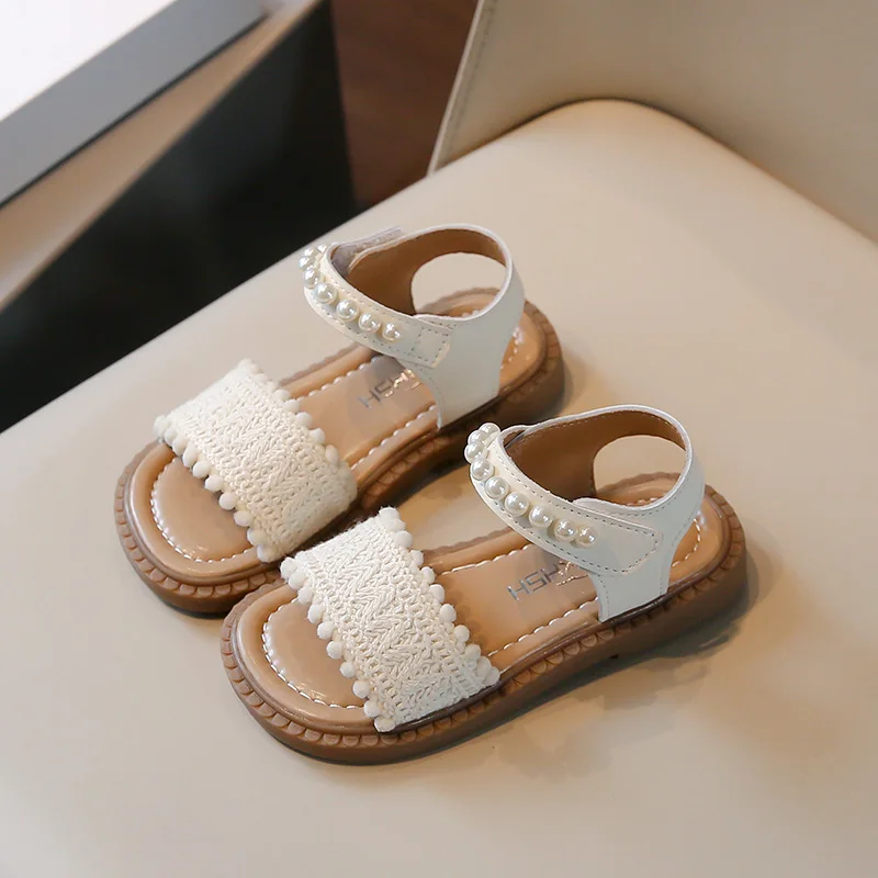 Girls Sandals Princess One-Strap Summer Shoes Retro Child Soft Skin-Friendly Cloth Sandal Kids Lace Pearl Bohemia Beach Flats