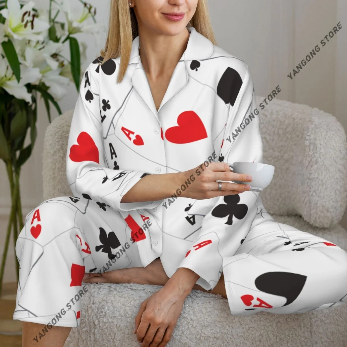 

Spring and Autumn Pajama Set Women's Long Sleeve Pants Two Piece Poker Ace Pattern Home Furnishing Set