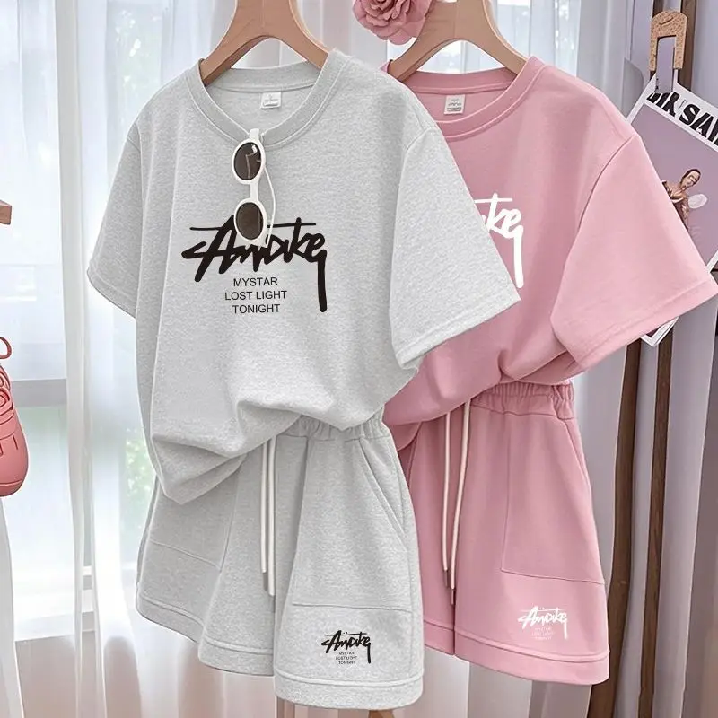 New Women's Plus-size Set Adult Short-sleeve and Shorts Two-piece Set Children's Loose Casual Set Women's T-shirt and Shorts Set