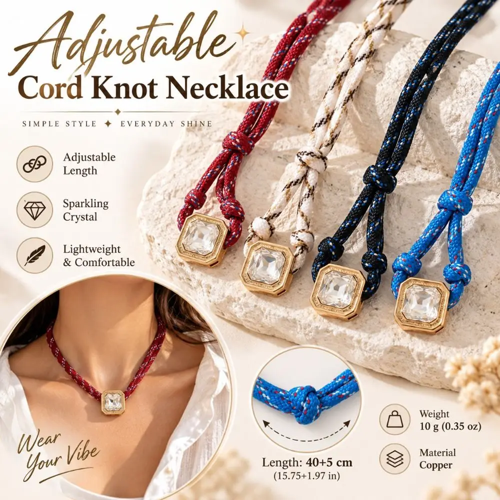 New Adjustable Cord Knot Necklace Copper Frame Cubic Zirconia Rope Necklace Blue Cord Minimalist Style Cord Necklace Women