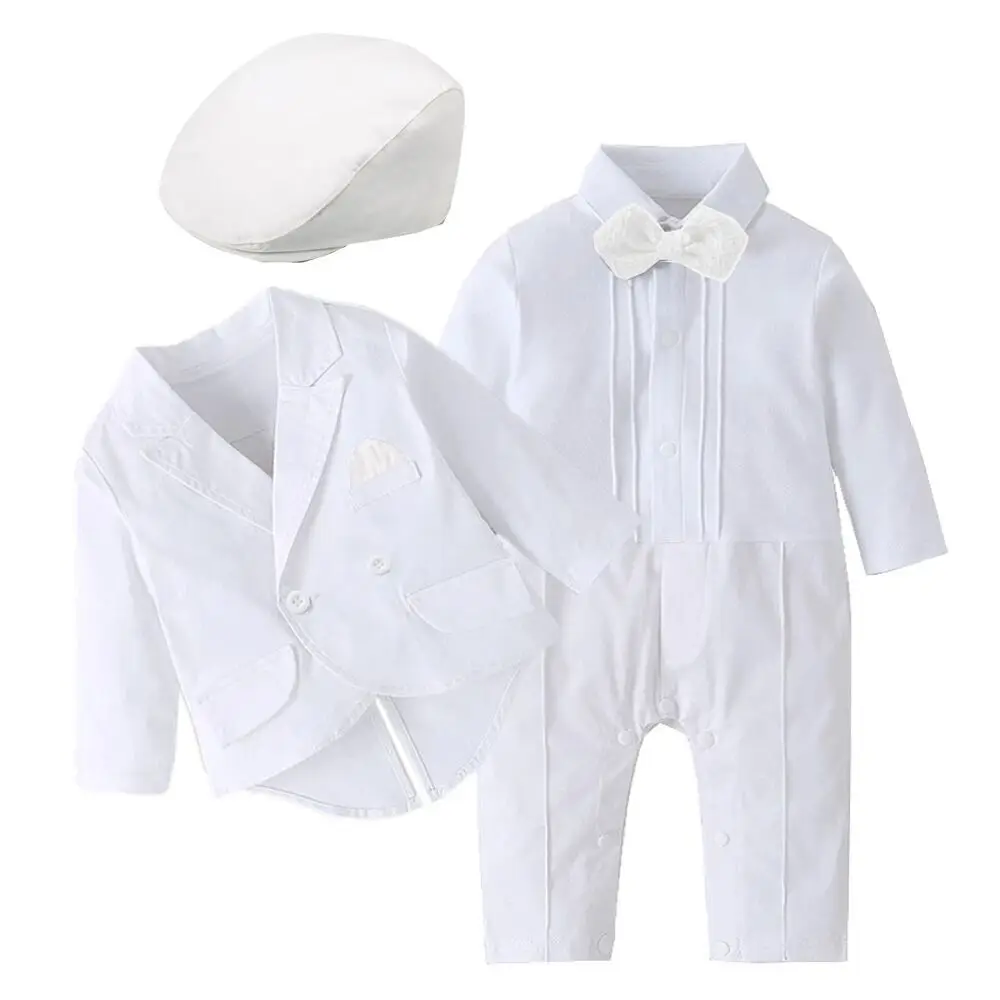 Baby Baptism Outfit Boy Cotton Toddler Christening Dress Overalls+Vest+Beret+Shoes+Socks Baby Set Elegant Boy Boutique Clothes